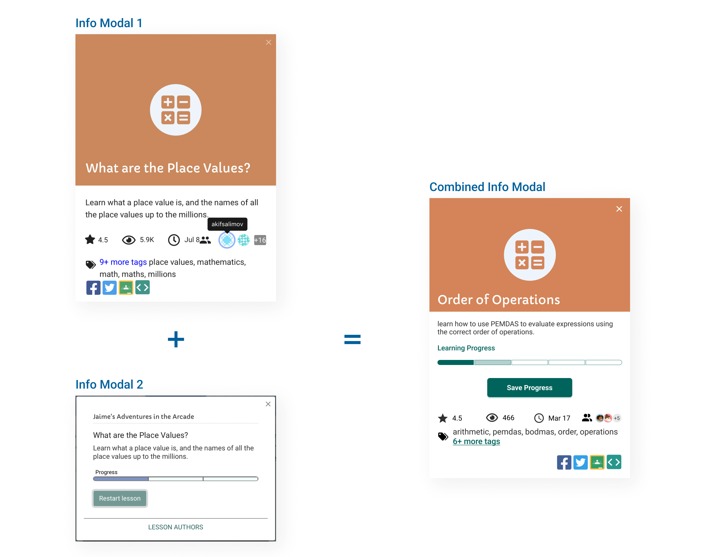 A single lesson info modal for progress and saving